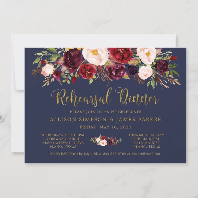 Marsala Floral Navy Gold Rehearsal Dinner Card (Front)