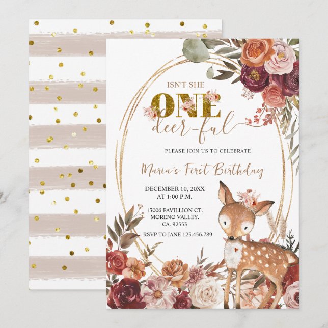 Marsala Floral One Deer Ful Girl First Birthday Invitation (Front/Back)