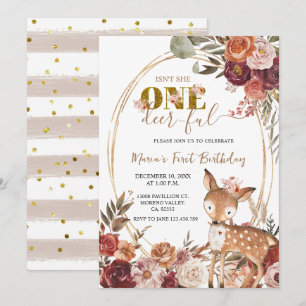 Marsala Floral One Deer Ful Girl First Birthday Invitation