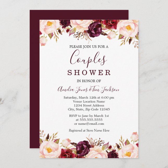 Marsala Floral Red Burgundy Couples Shower Invitation (Front/Back)