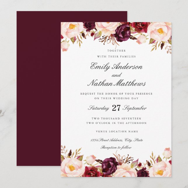 Marsala Floral Red Burgundy Wedding Invitation (Front/Back)
