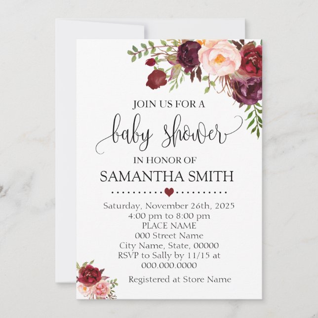Marsala floral romantic boho chic baby shower invitation (Front)