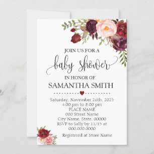 Marsala floral romantic boho chic baby shower invitation