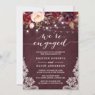 Marsala Floral String Lights Lace Engagement Party Invitation