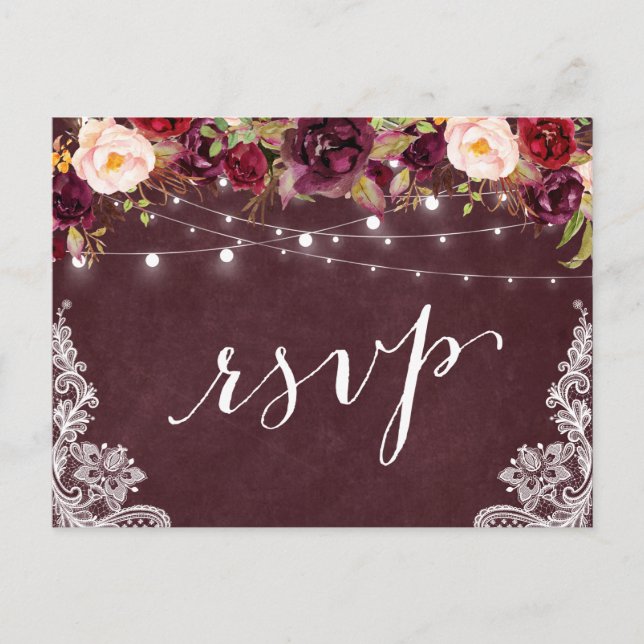 Marsala Floral String Lights Lace Wedding RSVP Invitation Postcard (Front)