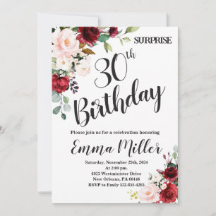 Marsala Floral Surprise 30th Birthday Invitation