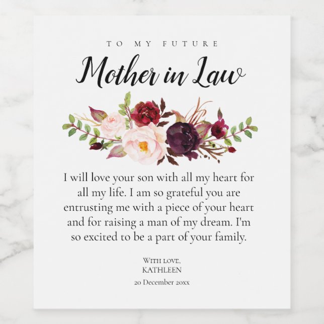 Marsala Floral To Mother in Law Wine Labels (Single Label)