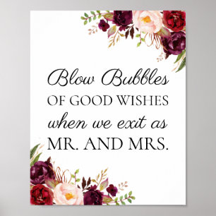 Marsala Floral Wedding Bubbles of Good Wishes Sign