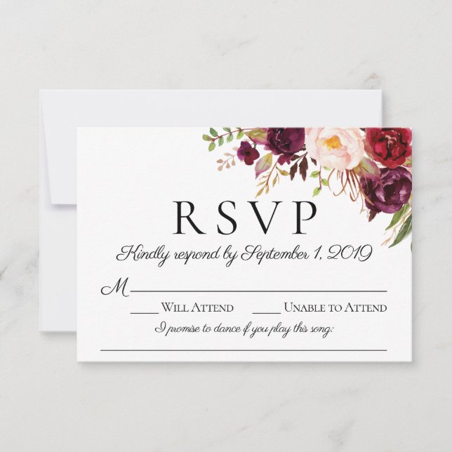 Marsala Floral Wedding RSVP Cards with Song Choice (Front)