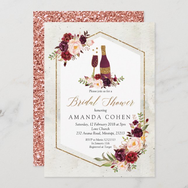 Marsala Floral Wine Tasting Bridal Shower Invitation (Front/Back)