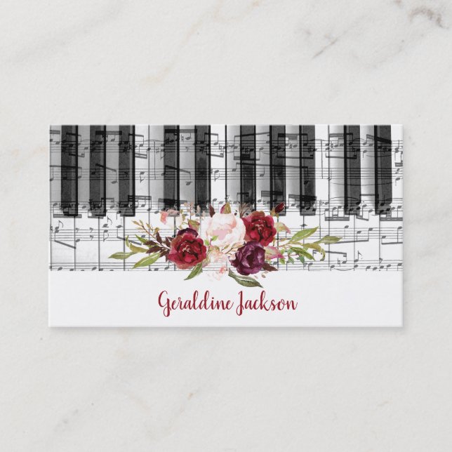 marsala flowers and piano music design business card (Front)