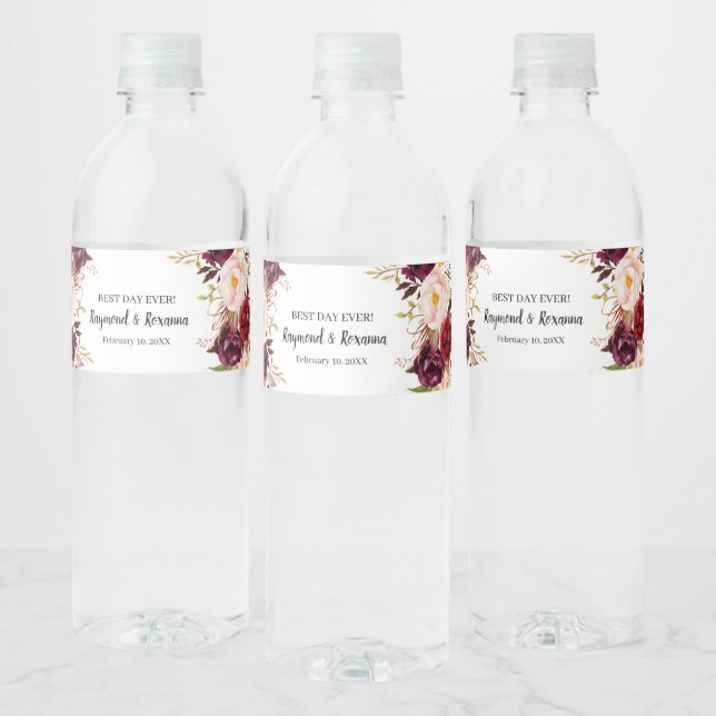 Marsala Flowers Bridal Shower Wedding  Water Bottle Label (Bottles)