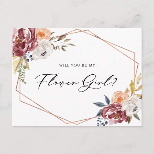 Marsala Flowers Geometric Be My Flower Girl Card (Front)