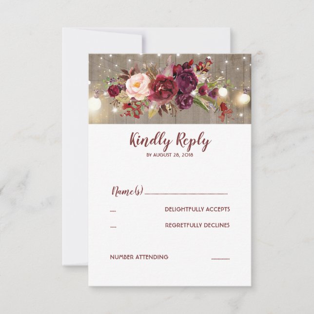 Marsala Flowers Rustic Wedding RSVP Card (Front)