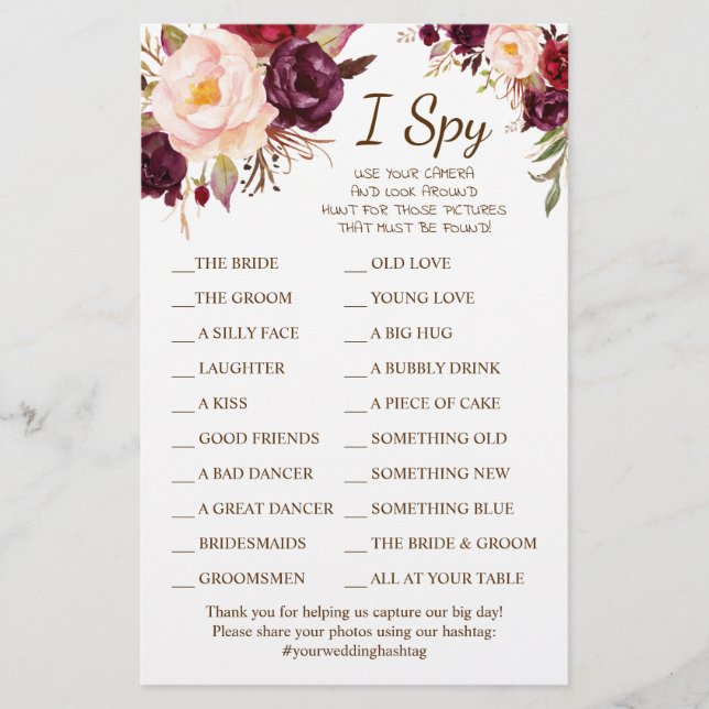 Marsala Flowers Wedding Reception I Spy Game Card (Front)