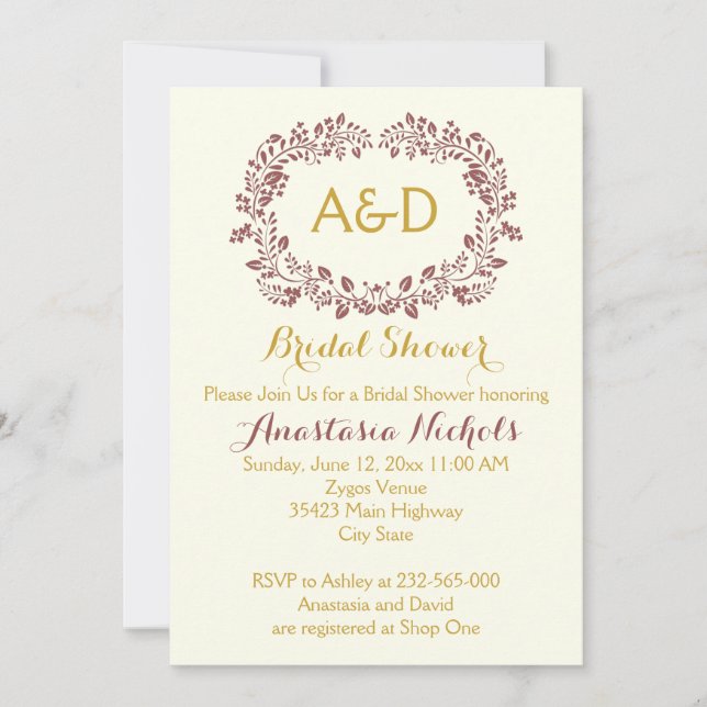 Marsala foliage & initials wedding bridal shower invitation (Front)