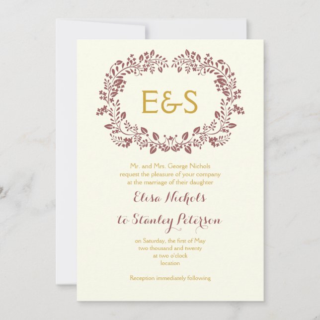 Marsala foliage wreath frame with initials wedding invitation (Front)