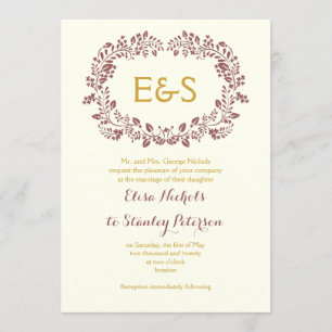 Marsala foliage wreath frame with initials wedding invitation