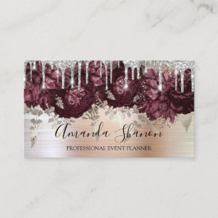 Marsala Glitter Drips Logo Event Planner Brushed Business Card