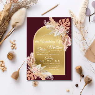 Marsala Gold Boho Wedding Pampas Flowers Invitation