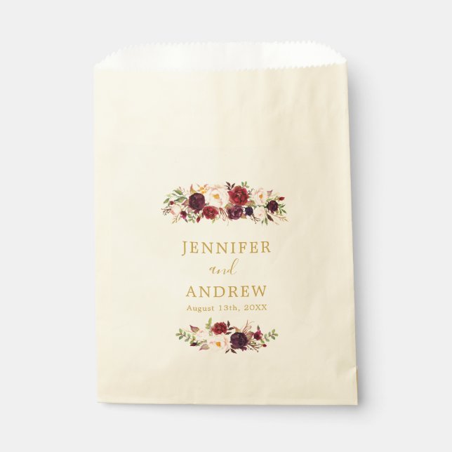 Marsala Gold Burgundy Floral Elegant Wedding Favour Bags (Front)