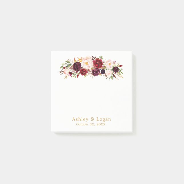 Marsala Gold Elegant Floral Wedding Post-it Notes (Front)