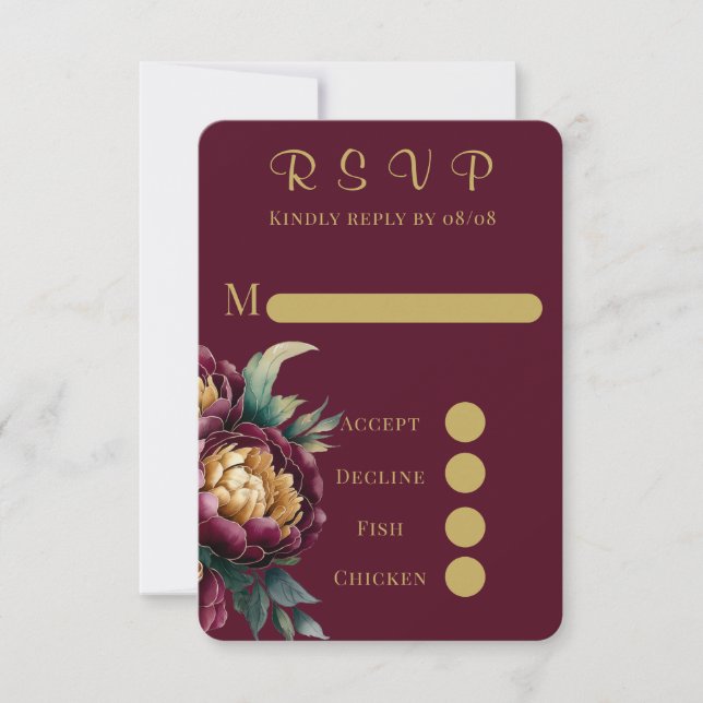 Marsala Gold Painted Peony Wedding RSVP Cards (Front)