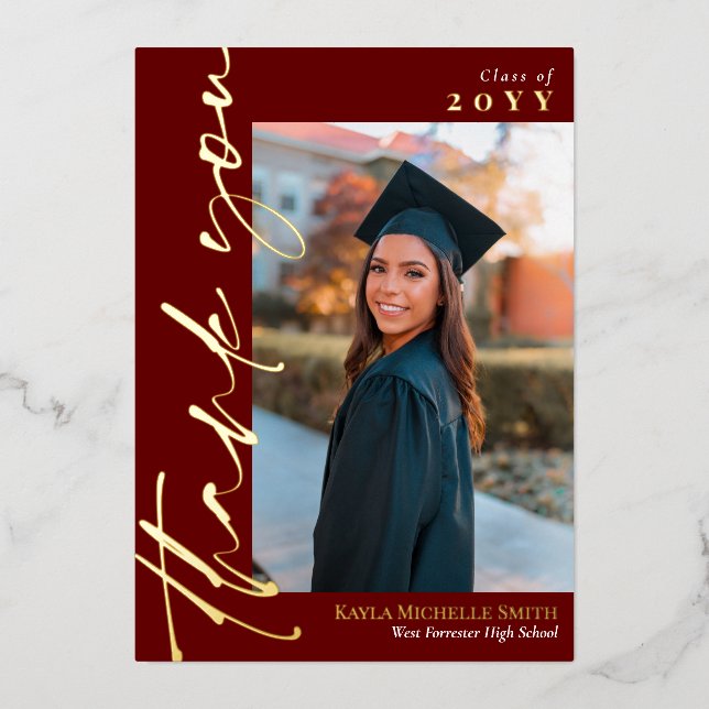 Marsala Gold Script Photo Graduation Thank You (Front)