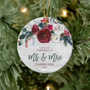 Marsala Greenery Personalised First Mr & Mrs Ceramic Tree Decoration