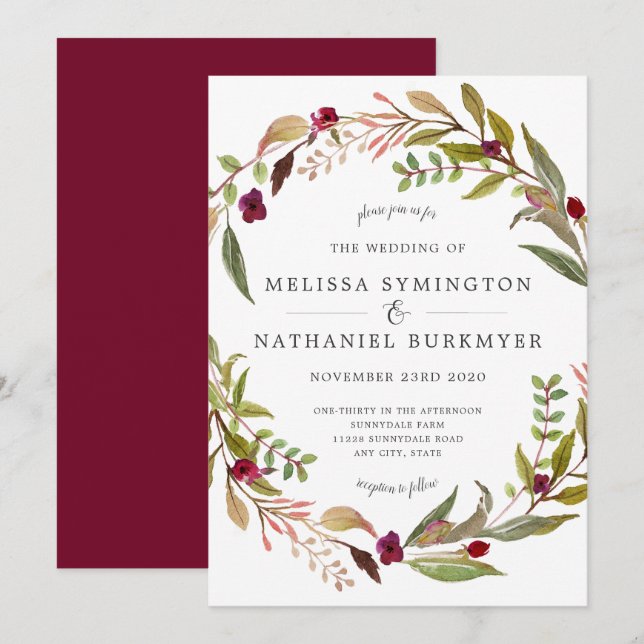 Marsala Greenery Wreath Wedding invitation (Front/Back)