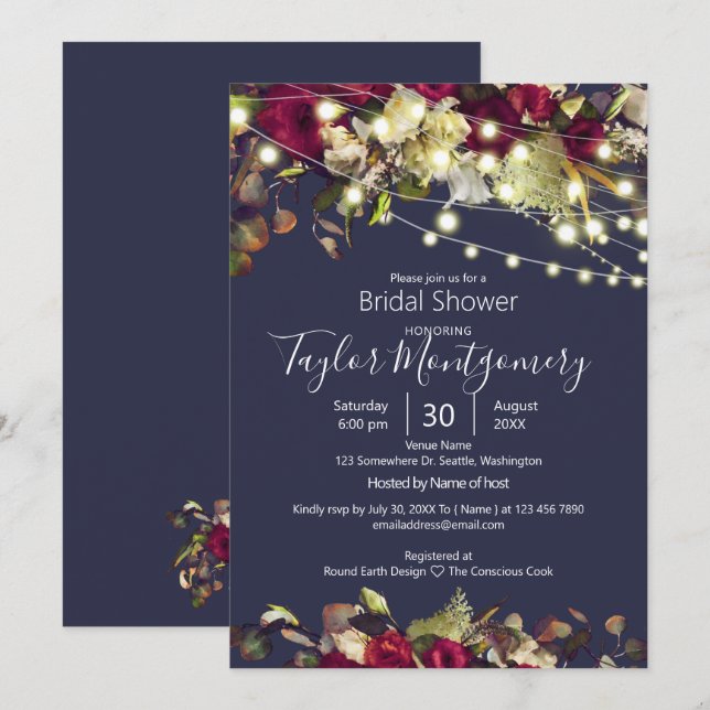 Marsala & Ivory Roses | Navy  Bridal Shower Invitation (Front/Back)