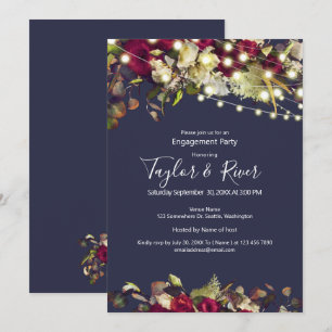 Marsala & Ivory Watercolor Roses Navy Engagement Invitation