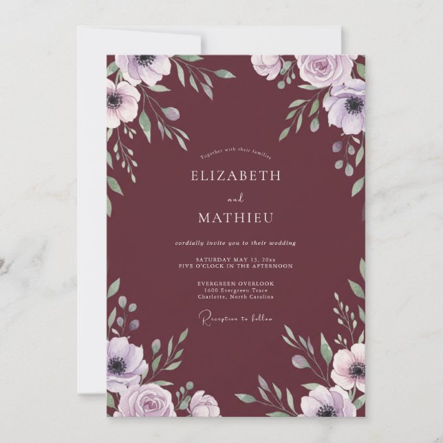 Marsala Lilac Leafy Wedding Invitation (Front)