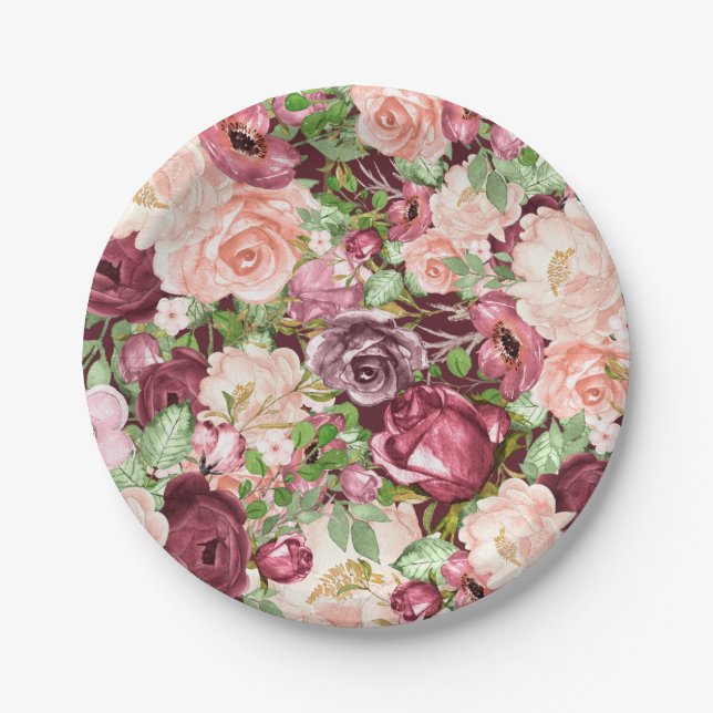 Marsala Maroon Burgundy Rustic Floral Flowers Paper Plate (Front)