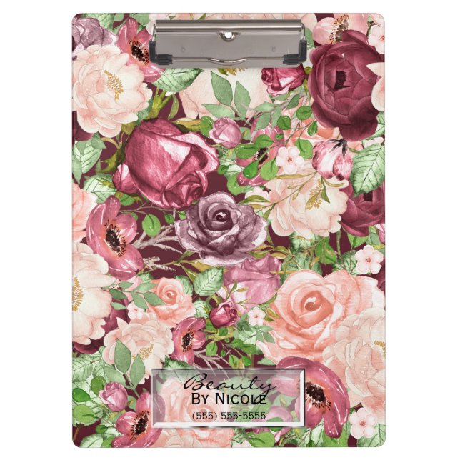 Marsala Maroon Burgundy Rustic Floral Personalised Clipboard (Front)
