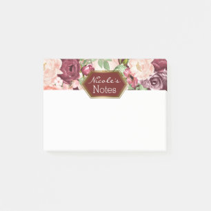 Marsala Maroon Burgundy Rustic Floral Personalised Post-it Notes