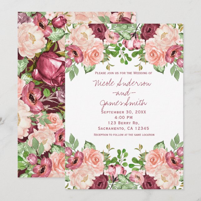 Marsala Maroon Burgundy Rustic Floral Wedding Invitation (Front/Back)