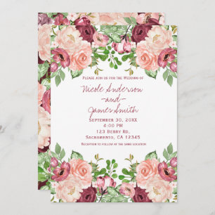 Marsala Maroon Burgundy Rustic Floral Wedding Invitation