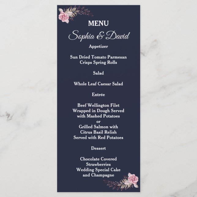 Marsala Maroon Floral Navy Blue Wedding Menu (Front)