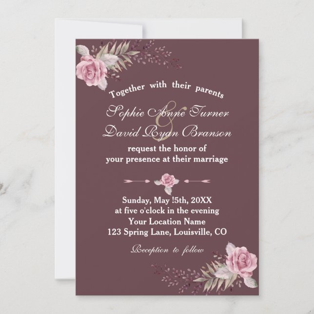 Marsala Maroon Floral Watercolor Wedding Invite (Front)