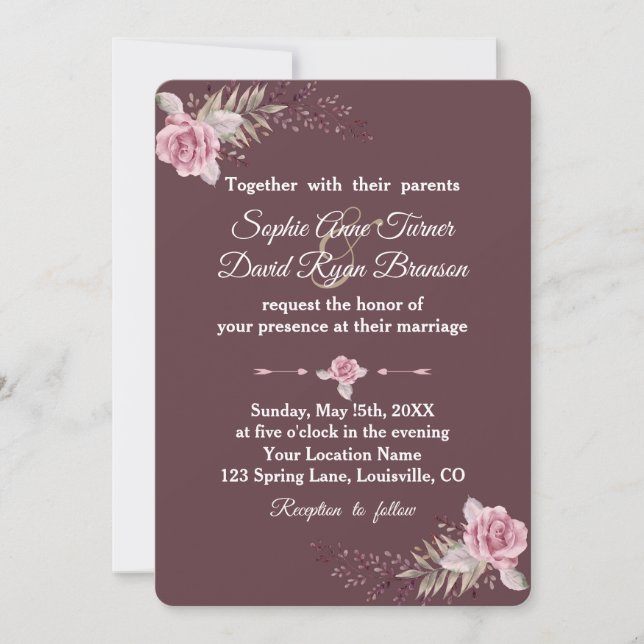 Marsala Maroon Floral Watercolor Wedding Invite (Front)