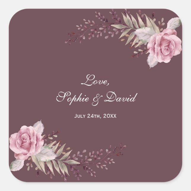 Marsala Maroon Floral Watercolor Wedding Square Sticker (Front)