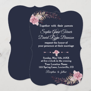 Marsala Maroon Navy Floral Watercolor Wedding Invitation
