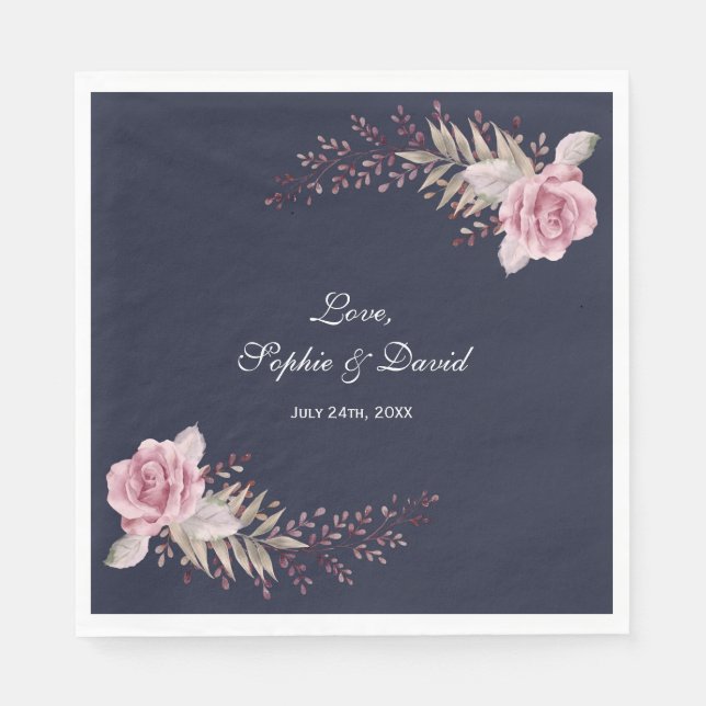 Marsala Maroon Navy Floral Watercolor Wedding Napkin (Front)
