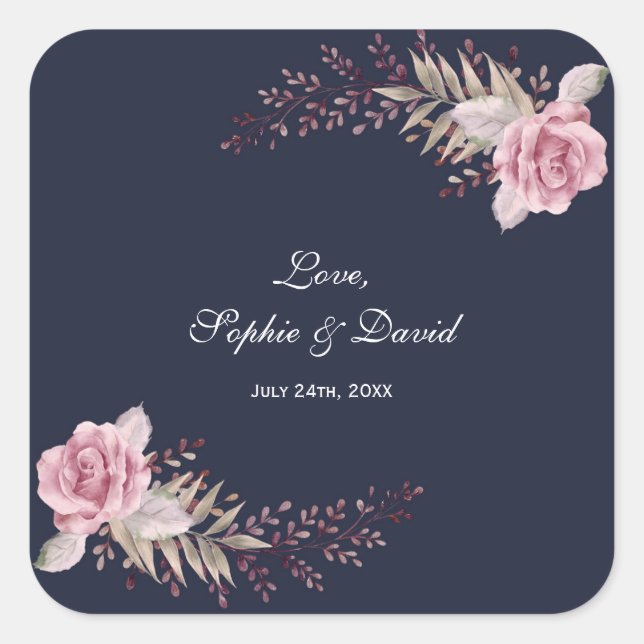 Marsala Maroon Navy Floral Watercolor Wedding Square Sticker (Front)