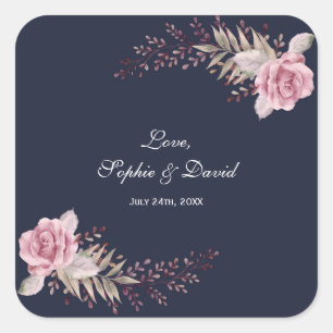 Marsala Maroon Navy Floral Watercolor Wedding Square Sticker