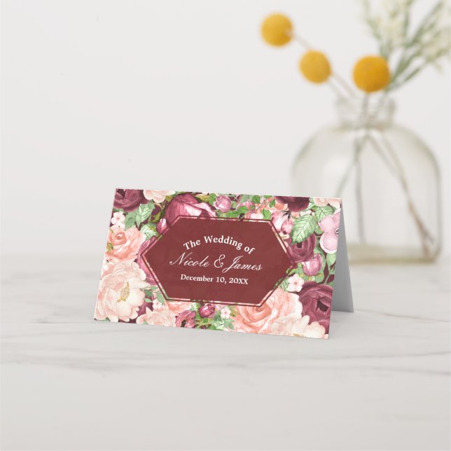 Marsala Maroon Rustic Floral Wedding Table Seat Place Card (Front)