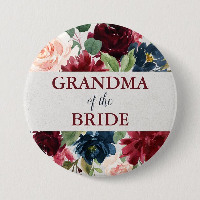 Marsala & Navy Blush Floral Grandma of the Bride 7.5 Cm Round Badge (Front)