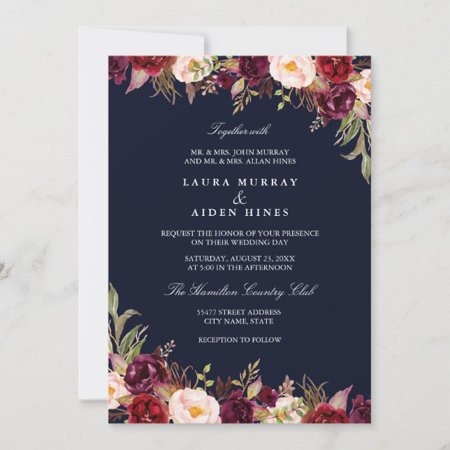 Marsala Navy Burgundy Watercolor Floral Wedding Invitation (Front)