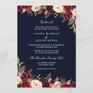 Marsala Navy Burgundy Watercolor Floral Wedding Invitation